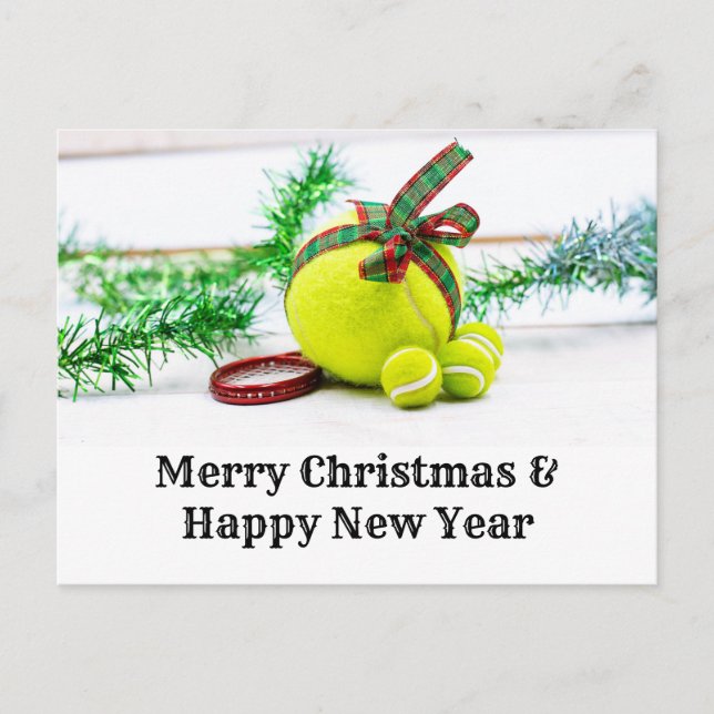 Weihnachtsdekoration im Tennis mit Ball und Band Postkarte (Vorderseite)