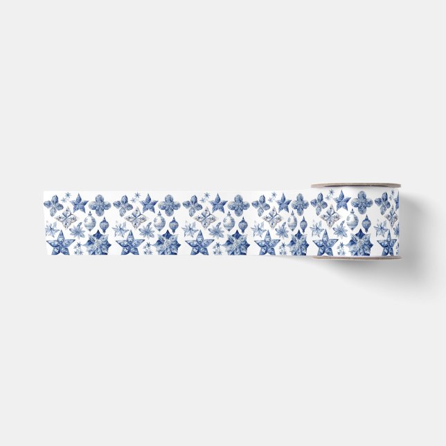Weihnachtsdekoration in Delft Blue Metal Ornament Satinband (Vorderseite)