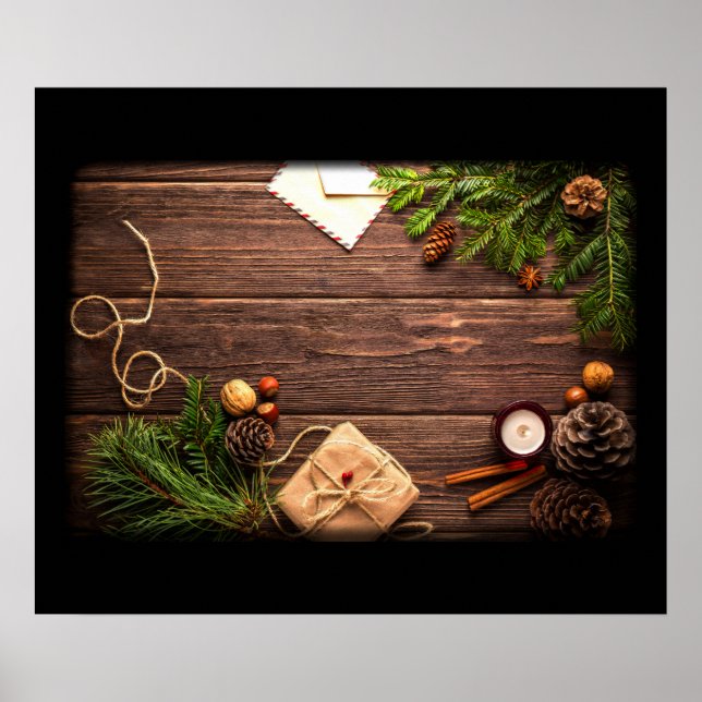 Weihnachtsdekoration mit Holz und Kiefer Poster (Vorne)