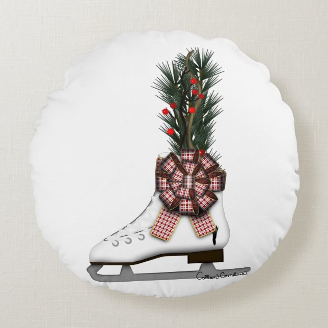 Weihnachtsdekoration mit Tartan Bow im Skate Rundes Kissen (Vorderseite)