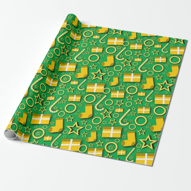 Weihnachtsdekorationen auf Grün Geschenkpapier (Ungerollt)