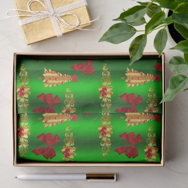 Weihnachtsdekorationen auf Grün Seidenpapier (Geschenk)