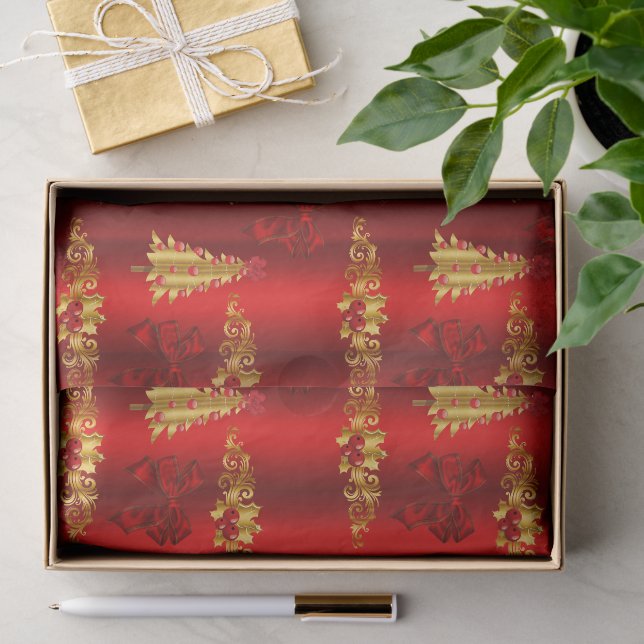 Weihnachtsdekorationen auf Rot Seidenpapier (Geschenk)