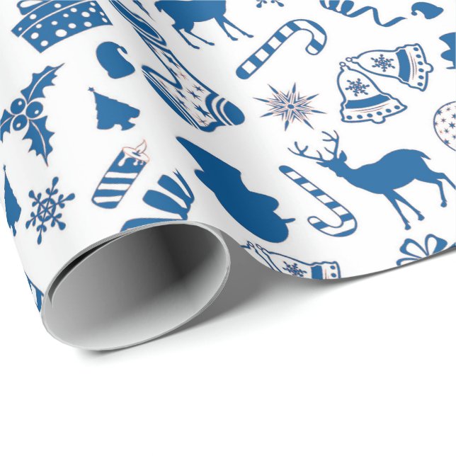 Weihnachtsdekorationen in Blau auf Weiß Geschenkpapier (Rolleneckpunkt)