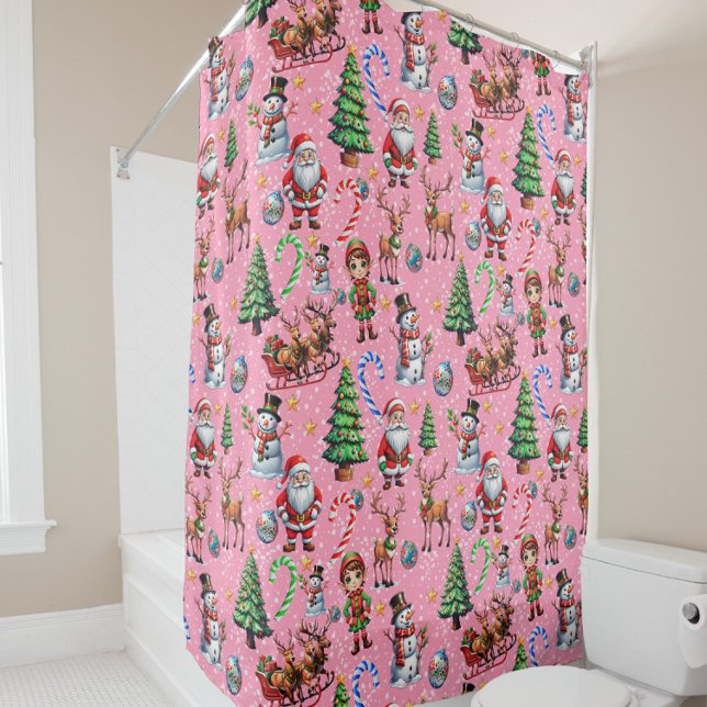 Weihnachtsdekorationsmuster mit rosa Hintergrund Duschvorhang (Von Creator hochgeladen)
