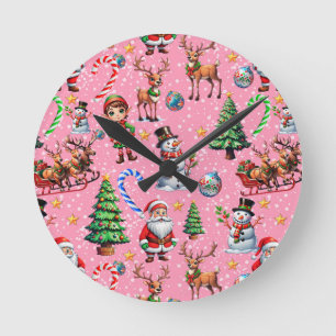 Weihnachtsdekorationsmuster mit rosa Hintergrund Runde Wanduhr