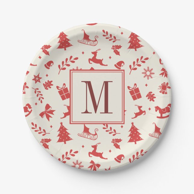 Weihnachtsdekorative Familien-Monogramm-Initiale Pappteller (Vorderseite)