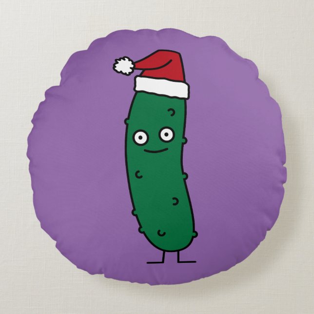 Weihnachtsdillgurke, die eine Weihnachtsmannmütze Rundes Kissen (Vorderseite)