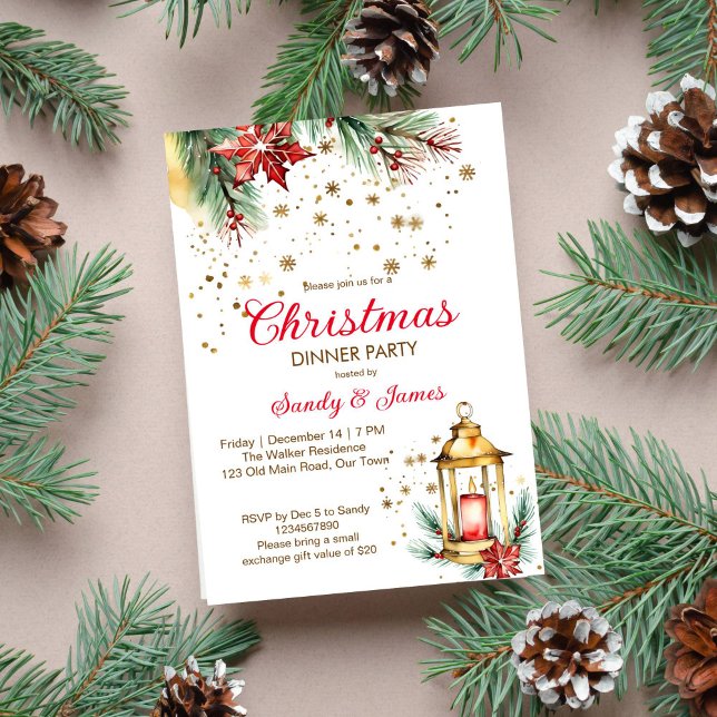 Weihnachtsdinner Party Einladung (Christmas dinner party template invitation digital download gold lantern pines gold snowflakes)