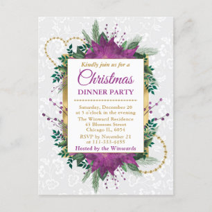 Weihnachtsdinnerparty mit Purpurroter Poinsettie Postkarte