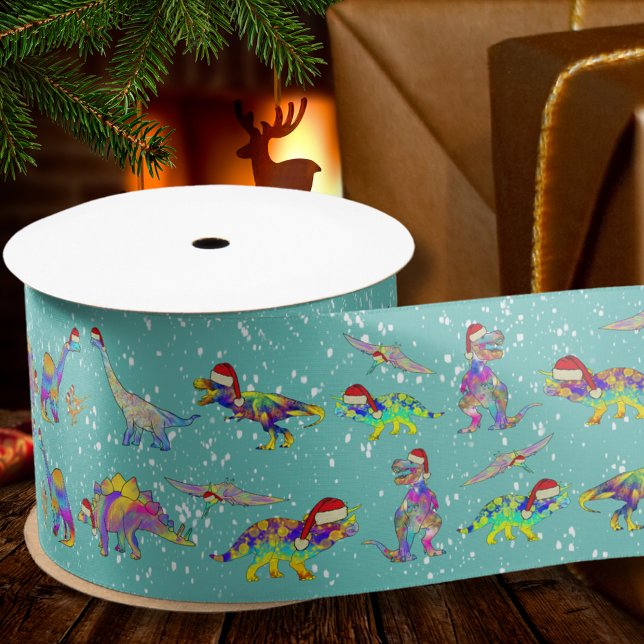 Weihnachtsdinosaurier in Weihnachtsmannmützen Satinband (Christmas dinosaurs in the snow colorful wrapping ribbon)