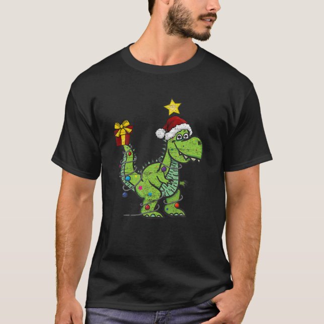 Weihnachtsdinosaurier mit Lichtern Funny Boys Kind T-Shirt (Vorderseite)