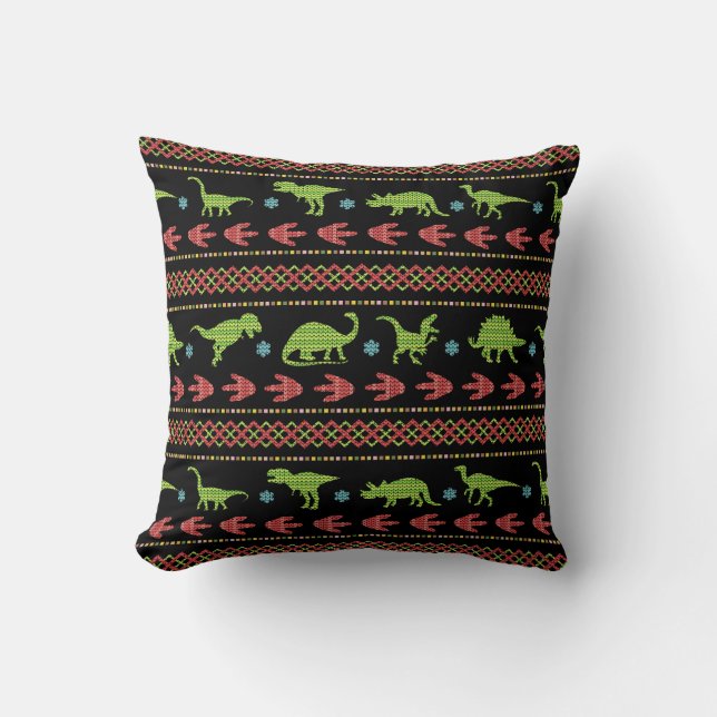 Weihnachtsdinosaurier-Strick bestickt Fair Isle Kissen (Vorderseite)