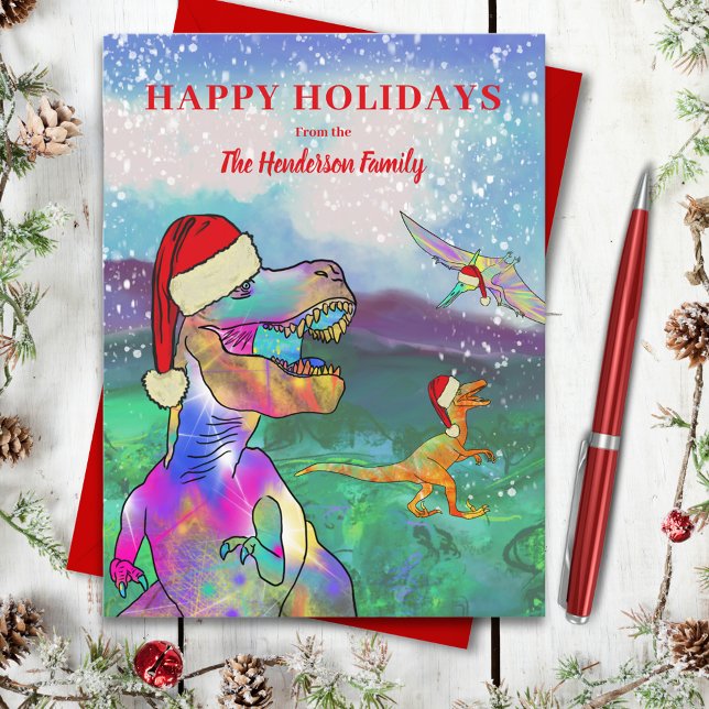 Weihnachtsdinosaurier tragen Weihnachtsmannmützen  Feiertagspostkarte (Christmas dinosaurs wearing Santa hats custom budget holiday greetings postcard)