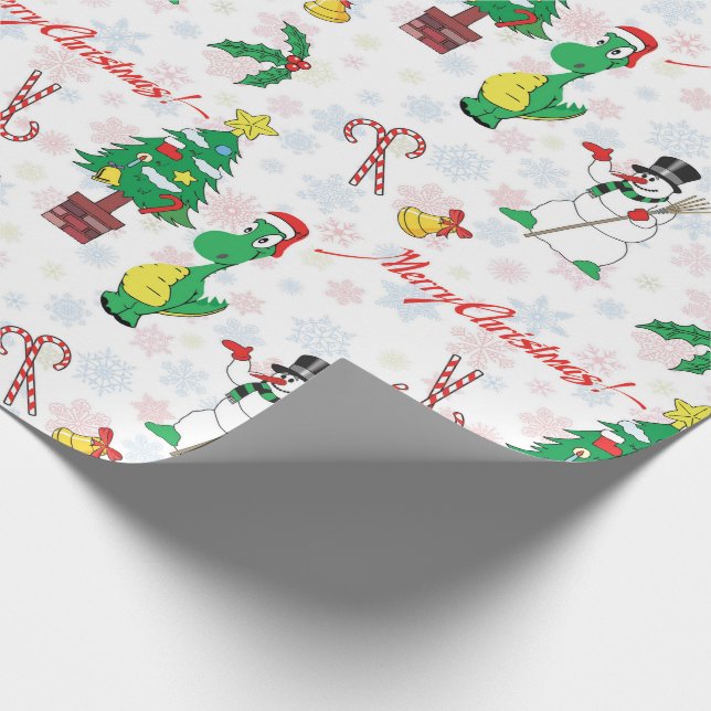Weihnachtsdinosaurier und Schneemann Geschenkpapier (Ecke)