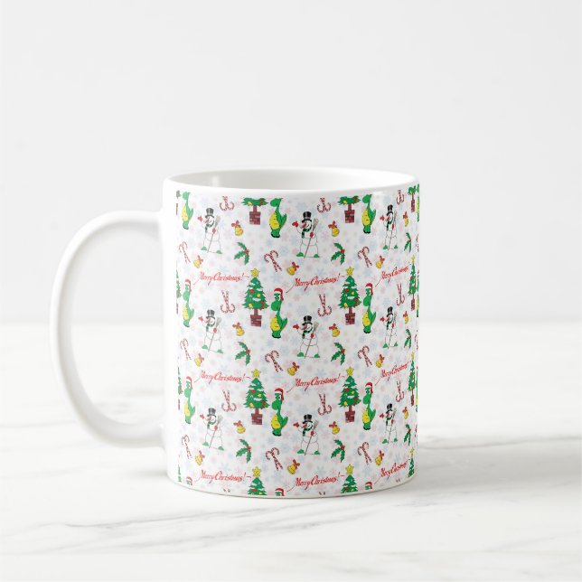 Weihnachtsdinosaurier und Schneemann Kaffeetasse (Links)