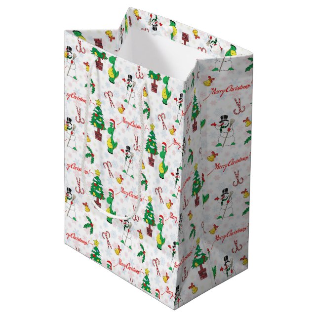 Weihnachtsdinosaurier und Schneemann Mittlere Geschenktüte (Vorderseite Schrägansicht)