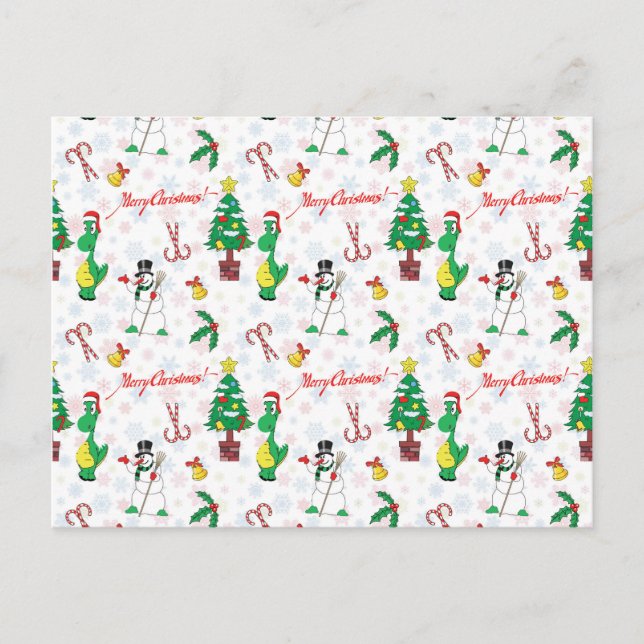 Weihnachtsdinosaurier und Schneemann Postkarte (Vorderseite)