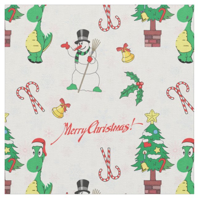 Weihnachtsdinosaurier und Schneemann Stoff (Nahaufnahme)