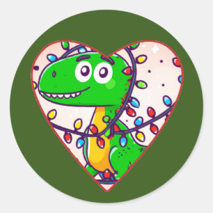 Weihnachtsdinosaurier verpackt in Lichter Cartoon  Runder Aufkleber