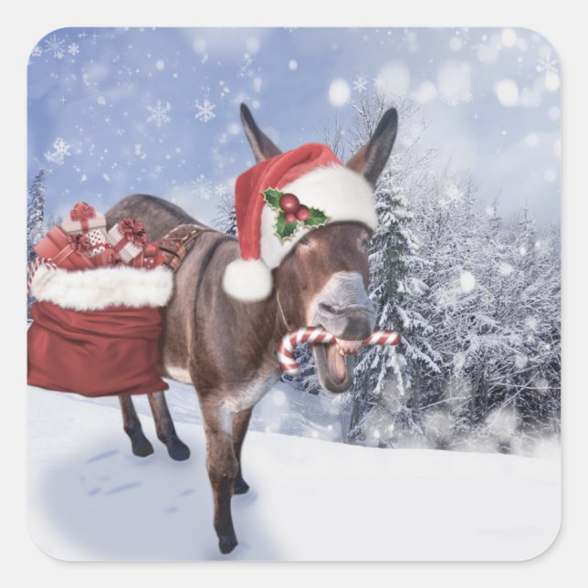 Weihnachtsdonkey mit lustigem rotem Hut Quadratischer Aufkleber (Vorderseite)