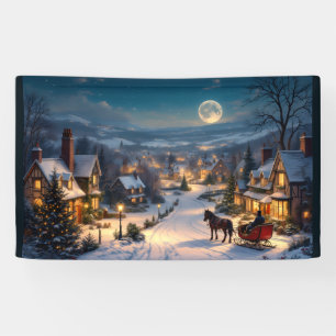 Weihnachtsdorf bei Nacht Schnee Schlitten Pferd Banner