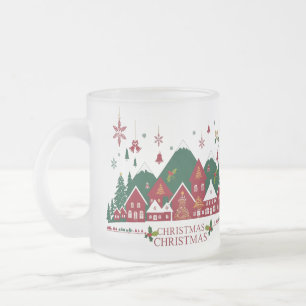 Weihnachtsdorf-Frosted-Glas-Tasse – Rot & Grün Mattglastasse