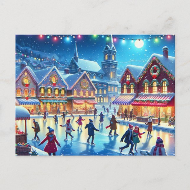 Weihnachtsdorf Ice Skaten - Malerei Postkarte (Vorderseite)