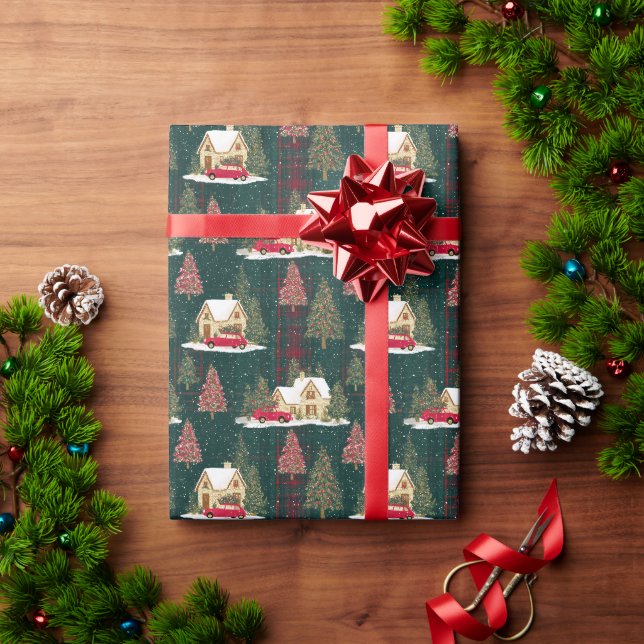 Weihnachtsdorf im Grünen und Roten Wald Geschenkpapier (Feiertagsgeschenk)