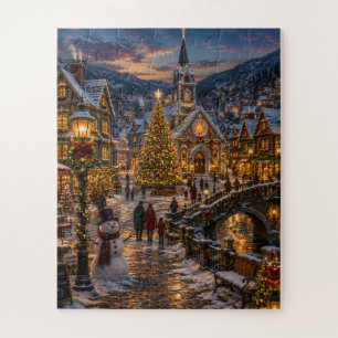 Weihnachtsdorf im Schnee bei Dämmerung