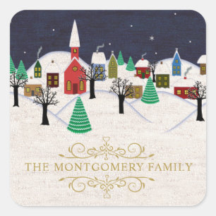 Weihnachtsdorf mit Kirche Familienname Monogramm Quadratischer Aufkleber