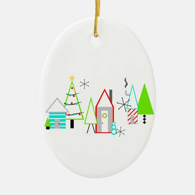Weihnachtsdorf Mitte des Jahrhunderts modern Keramikornament (Vorne)