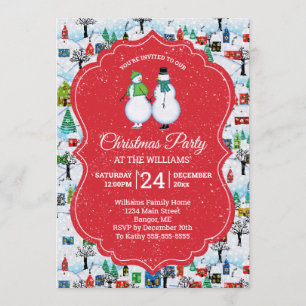 Weihnachtsdorf Party Snowmen Paare Skate Rot Einladung