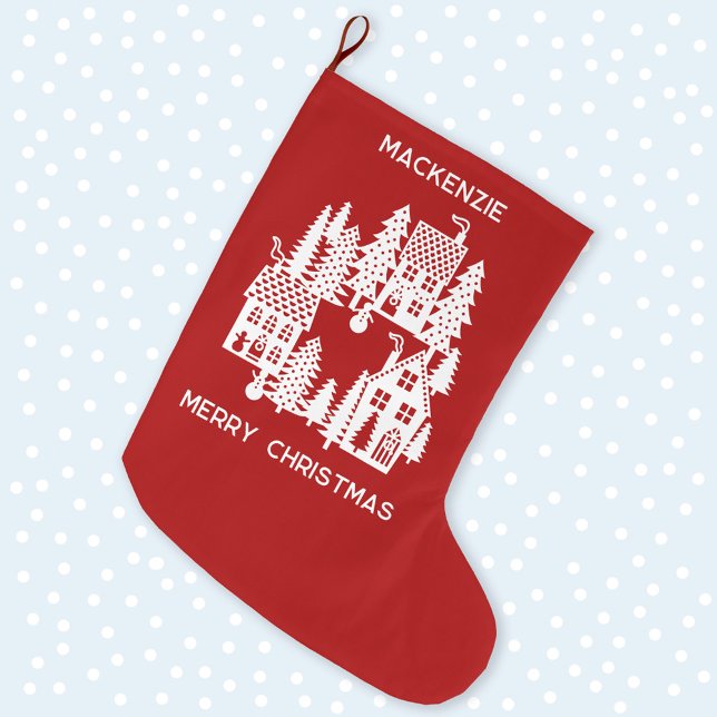 Weihnachtsdorf Personalisiert rot und weiß Großer Weihnachtsstrumpf (Christmas Village red and white personalized festive stocking)