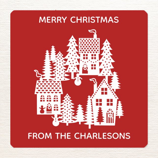Weihnachtsdorf Personalisiert rot und weiß Quadratischer Aufkleber (Personalized text and name festive Christmas village stickers)