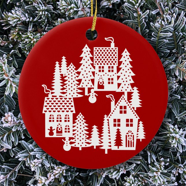 Weihnachtsdorf rot und weiß keramik ornament (Red and white Christmas Village ceramic ornament)