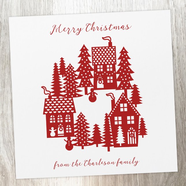 Weihnachtsdorf rot und weiß magnetkarte (Personalized Christmas Village red and white card)