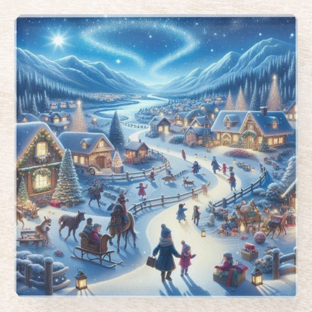 Weihnachtsdorf Snowy Scene Malerei Glasuntersetzer (Vorderseite)