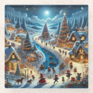 Weihnachtsdorf Snowy Scene Malerei Glasuntersetzer