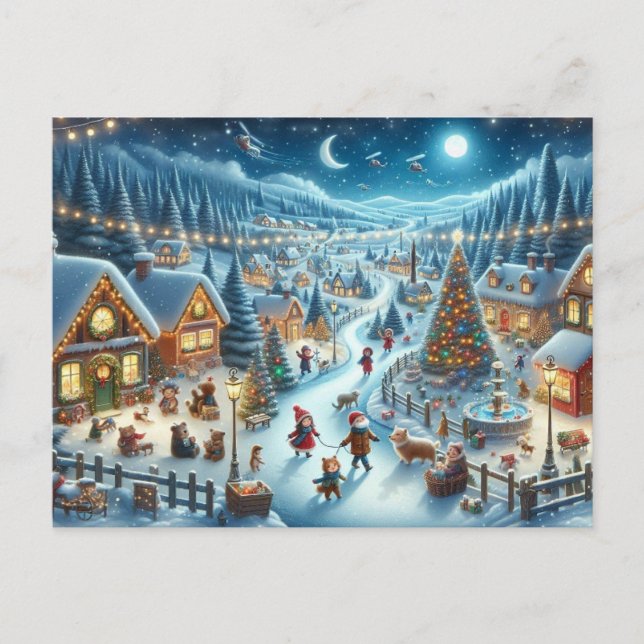 Weihnachtsdorf Snowy Scene Malerei Postkarte (Vorderseite)
