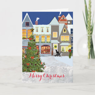 Weihnachtsdorf und Baum-Gruß auf Innenseite der Ka Feiertagskarte