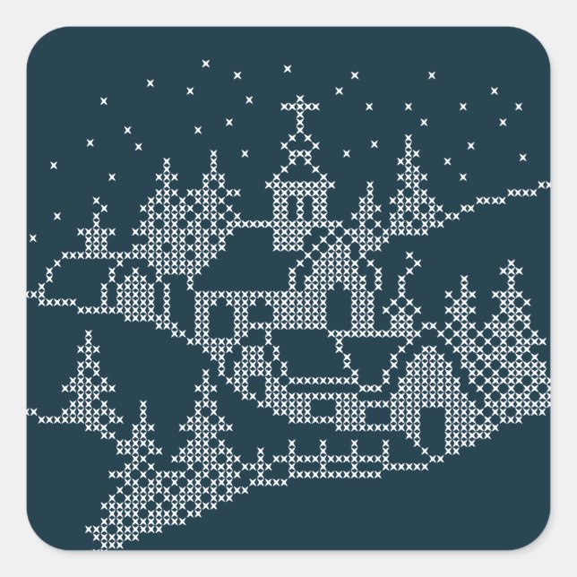 Weihnachtsdörfstickerei, heilige Nacht nordische Quadratischer Aufkleber (Vorderseite)