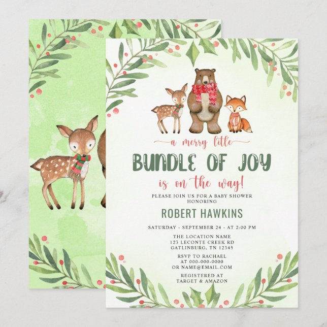 Weihnachtsdusche aus Woodland Einladung (Vorne/Hinten)