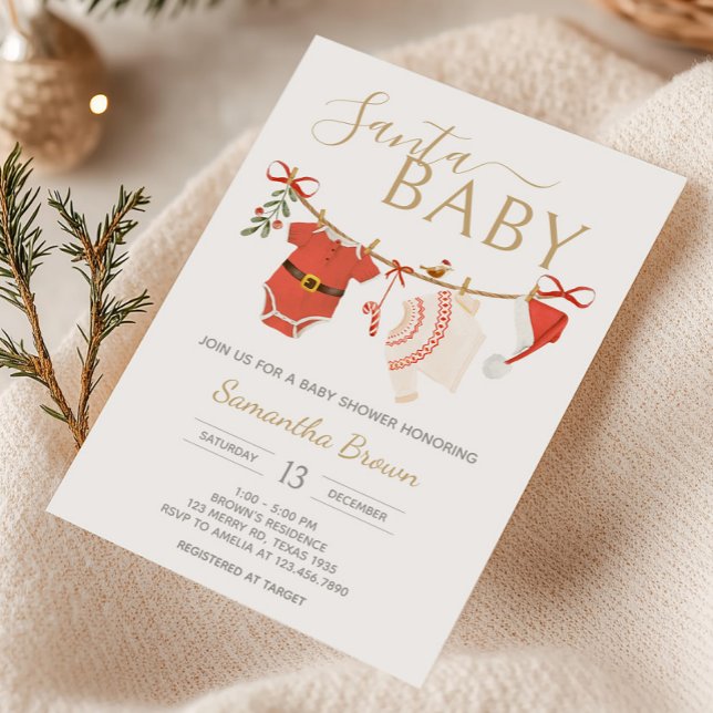 Weihnachtsdusche Einladung (Santa Baby Clothesline Christmas Baby Shower Invitation)