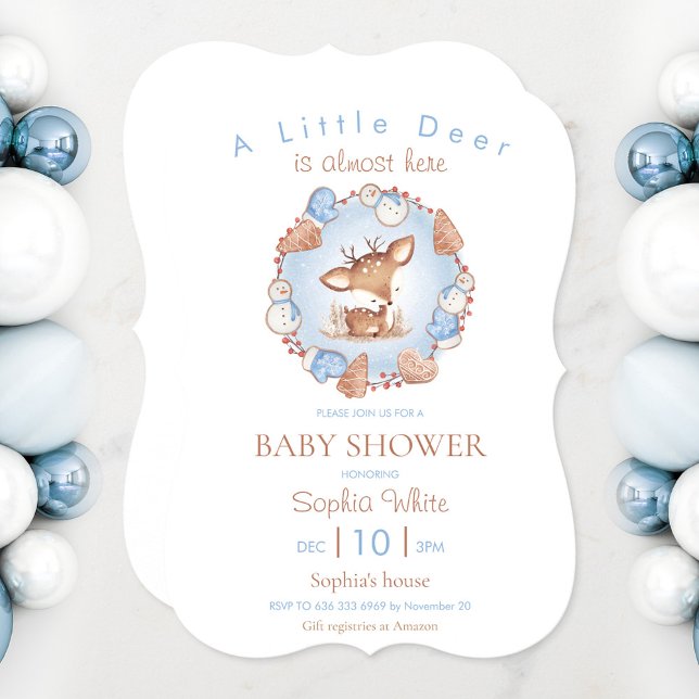 Weihnachtsdusche Einladung (Boy Christmas shower Invitation in blue with a cute deer)