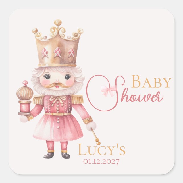 Weihnachtsdusche Pink Nutcracker Wasserfarbe Quadratischer Aufkleber (Vorderseite)
