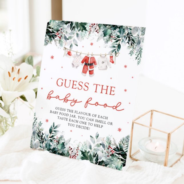 Weihnachtsdusche Raten Sie das Baby Food Sockelschild (Watercolor Christmas Santa Baby Shower Guess the Baby Food Pedestal Sign)