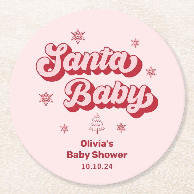 Weihnachtsdusche Red and Pink Santa Baby Runder Pappuntersetzer (Vorderseite)