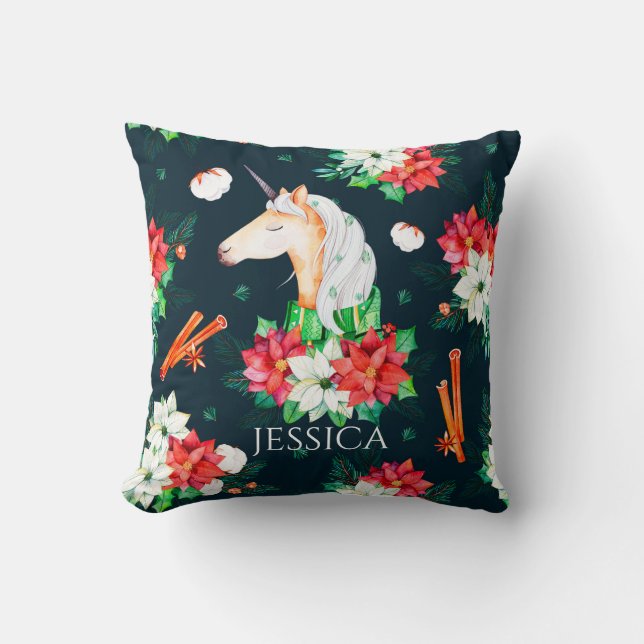 Weihnachtseinhorn und Poinsettia Muster Nr.2 Kissen (Vorderseite)