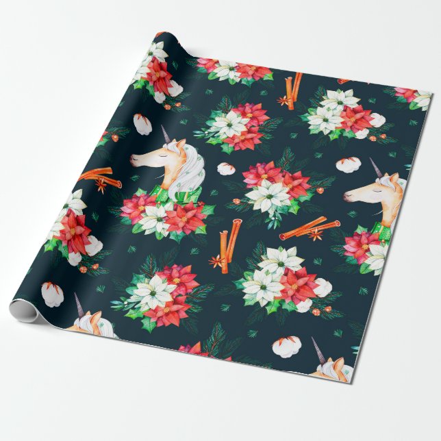 Weihnachtseinhorn- und Poinsettienmuster Geschenkpapier (Ungerollt)